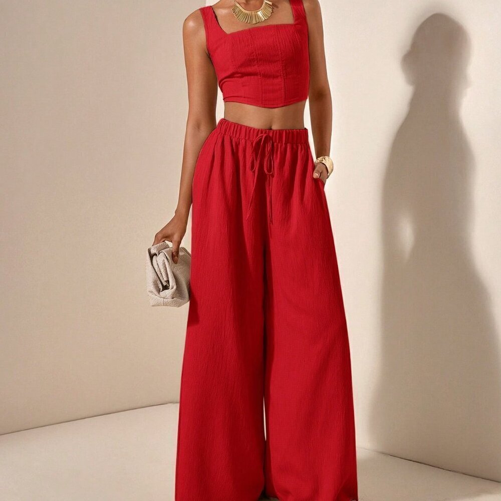 Red womens crop top & flowy wide legged pants textured fabric coord set - Picture 4 of 8